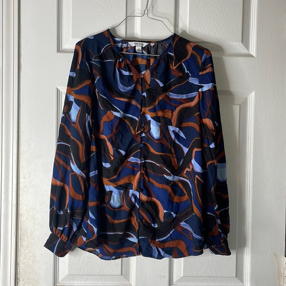 Nine West long sleeve v neck button up navy blue black red blouse shirt sz XS - Picture 1 of 17